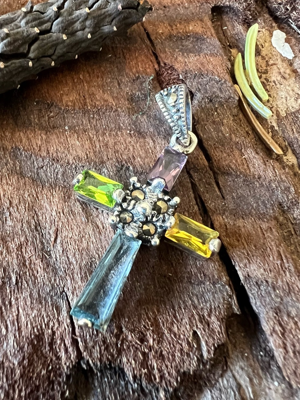 Bali Sterling Cross Pendant Marcasite Gems Yellow Green Purple Green Crystals